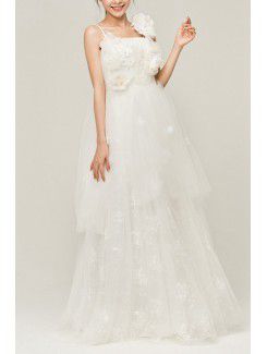 Organza cinghie floor-lunghezza palla abito abito da sposa con i fiori fatti a mano