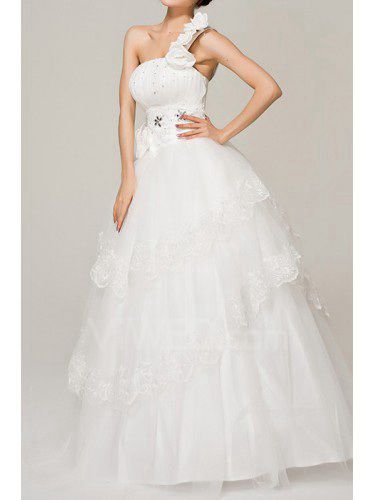 Satin One Shoulder Floor Length Ball Gown Wedding Dress with Crystal