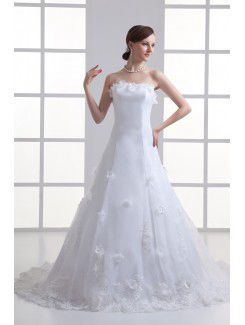 Satin Strapless A-line Sweep Train Embroidered Wedding Dress