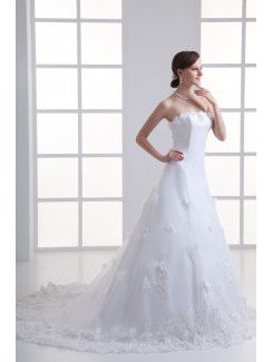 Satin Strapless A-line Sweep Train Embroidered Wedding Dress