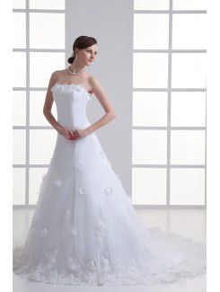 Satin Strapless A-line Sweep Train Embroidered Wedding Dress