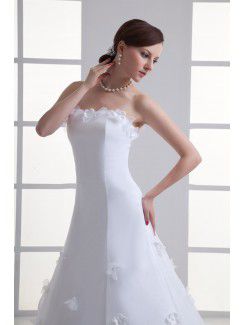 Satin Strapless A-line Sweep Train Embroidered Wedding Dress