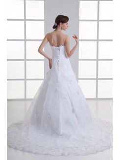 Satin Strapless A-line Sweep Train Embroidered Wedding Dress