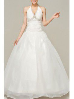 Satin Halter Floor Length Ball Gown Wedding Dress with Pearls