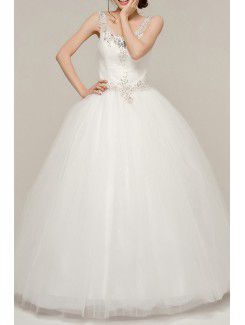 Organza scoop vloer lengte baljurk trouwjurk met kristallen