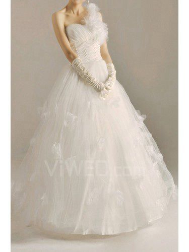 Net One Shoulder Floor Length Ball Gown Wedding Dress with Handmade Flowers