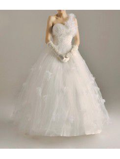 Net One Shoulder Floor Length Ball Gown Wedding Dress with Handmade Flowers