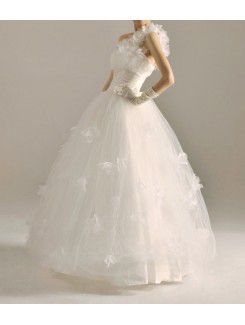 Net One Shoulder Floor Length Ball Gown Wedding Dress with Handmade Flowers