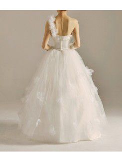 Net One Shoulder Floor Length Ball Gown Wedding Dress with Handmade Flowers