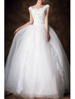 Satin V-neck Floor Length Ball Gown Wedding Dress with Sequins