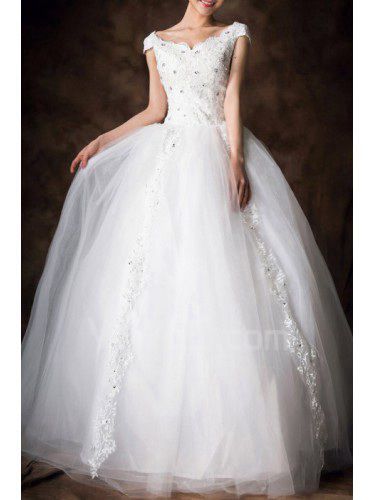 Raso del v-neck floor-lunghezza palla abito da sposa abito con paillettes