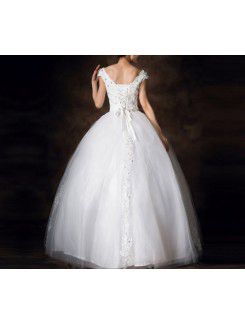 Satin V-neck Floor Length Ball Gown Wedding Dress with Sequins