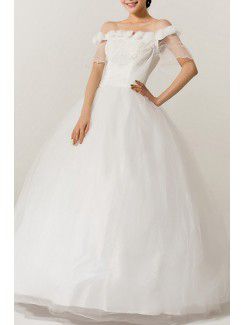 Organza off-the-spalla pavimento lunghezza palla abito abito da sposa con i fiori fatti a mano