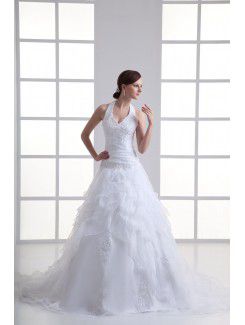 Organza Halter A-line Sweep Train Embroidered Wedding Dress