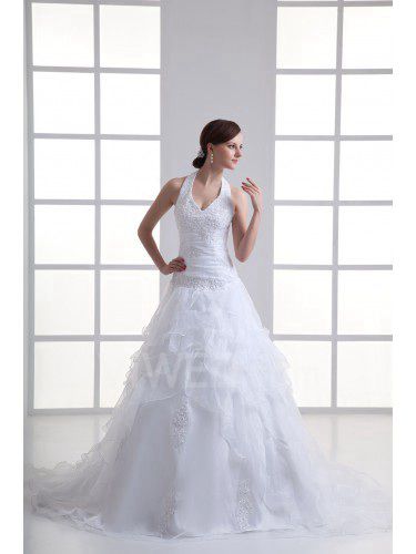 Organza Halter A-line Sweep Train Embroidered Wedding Dress