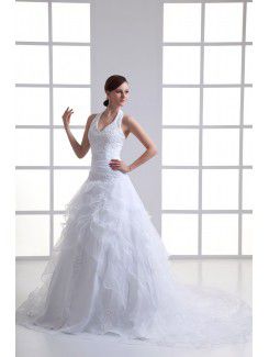 Organza Halter A-line Sweep Train Embroidered Wedding Dress