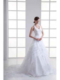 Organza Halter A-line Sweep Train Embroidered Wedding Dress