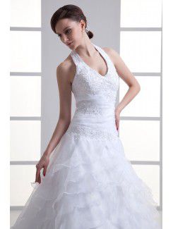 Organza Halter A-line Sweep Train Embroidered Wedding Dress