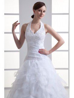 Organza Halter A-line Sweep Train Embroidered Wedding Dress