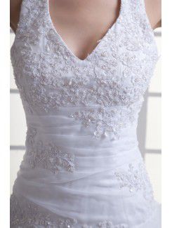 Organza Halter A-line Sweep Train Embroidered Wedding Dress