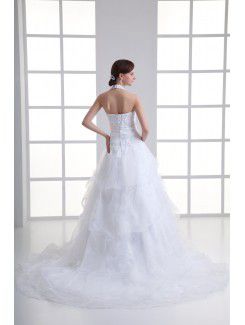 Organza Halter A-line Sweep Train Embroidered Wedding Dress