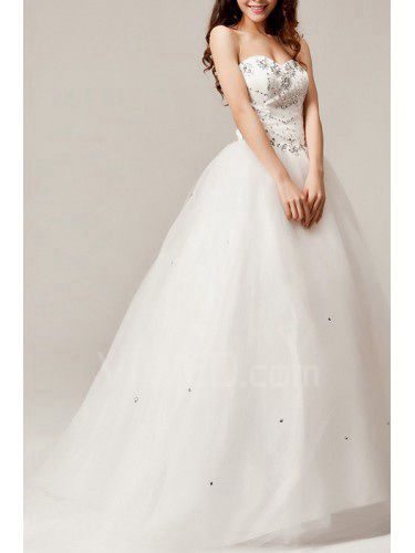 Net Sweetheart Chapel Train Ball Gown Wedding Dress with Crystal