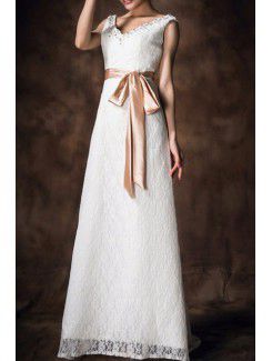 Satin V-neck Sweep Train A-line Wedding Dress with Sequins