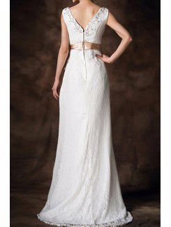 Satin V-neck Sweep Train A-line Wedding Dress with Sequins