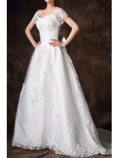 Satin Scoop Chapel Train A-line Wedding Dress with Crystal