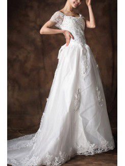 Satin Scoop Chapel Train A-line Wedding Dress with Crystal