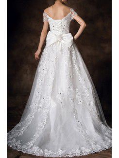 Satin Scoop Chapel Train A-line Wedding Dress with Crystal