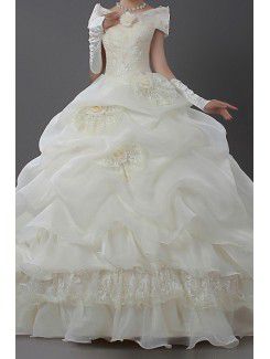 Satin Off-the-Shoulder Cathedral Train Ball Gown Wedding Dress with Handmade Flowers