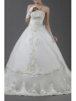 Organza Strapless Cathedral Train Ball Gown Wedding Dress with Pearls