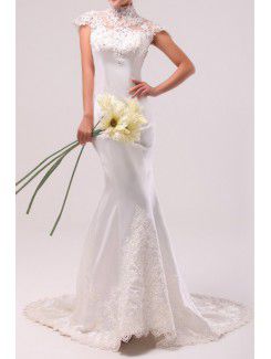 Satin High Collar Chapel Train Mermaid Wedding Dress with Sequins