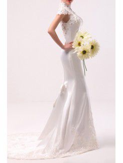 Satin High Collar Chapel Train Mermaid Wedding Dress with Sequins