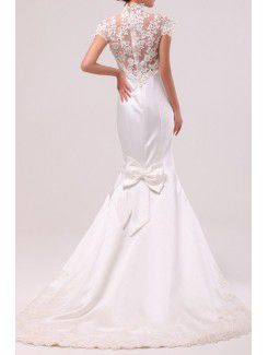 Satin High Collar Chapel Train Mermaid Wedding Dress with Sequins