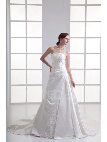 Satin Strapless A-line Sweep Train Embroidered Wedding Dress