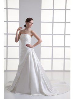 Satin Strapless A-line Sweep Train Embroidered Wedding Dress