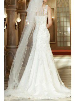 Lace Straps Chapel Train Mermaid Wedding Dress with Crystal