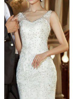 Lace Straps Chapel Train Mermaid Wedding Dress with Crystal