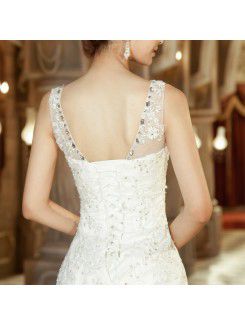 Lace Straps Chapel Train Mermaid Wedding Dress with Crystal