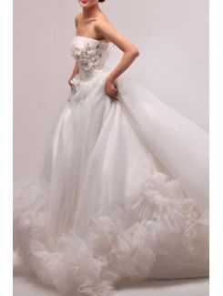 Tulle Strapless Cathedral Train Ball Gown Wedding Dress with Handmade Flowers