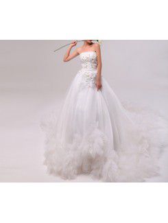 Tulle Strapless Cathedral Train Ball Gown Wedding Dress with Handmade Flowers