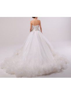 Tulle Strapless Cathedral Train Ball Gown Wedding Dress with Handmade Flowers