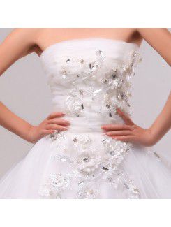 Tulle Strapless Cathedral Train Ball Gown Wedding Dress with Handmade Flowers