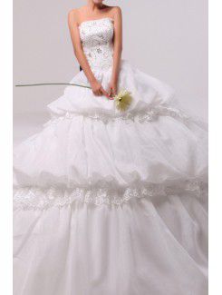 Satin Strapless Cathedral Train Ball Gown Wedding Dress with Handmade Flowers