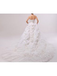 Satin Strapless Cathedral Train Ball Gown Wedding Dress with Handmade Flowers