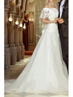 Pizzo off-the-spalla cattedrale treno di palla abito da sposa abito con paillettes