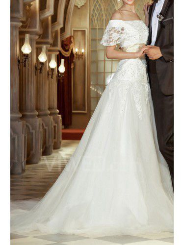 Lace Off-the-Shoulder Cathedral Train Ball Gown Wedding Dress with Sequins