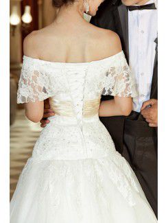 Lace Off-the-Shoulder Cathedral Train Ball Gown Wedding Dress with Sequins